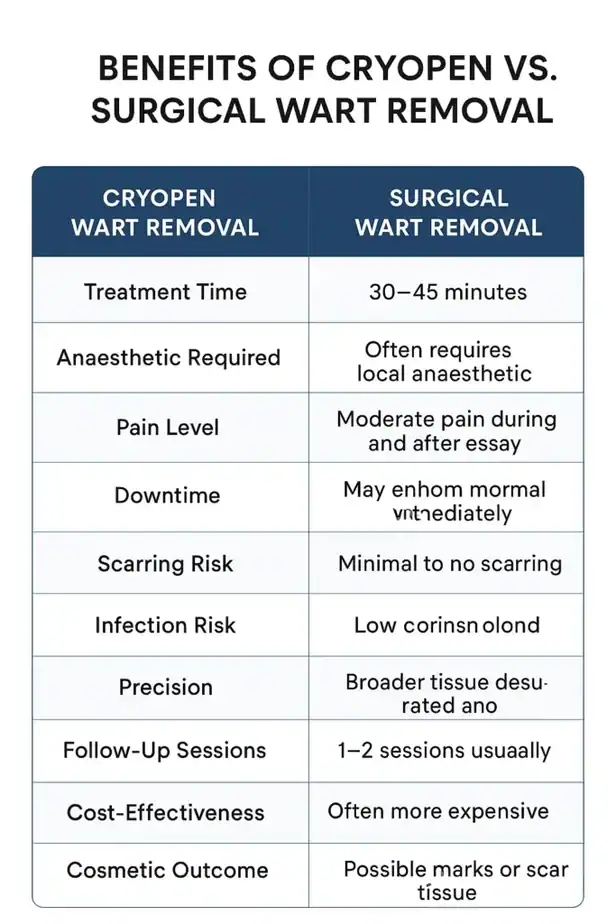 Table showing the benefits of cryopen to remove warts Minehead compared to surgical treatment